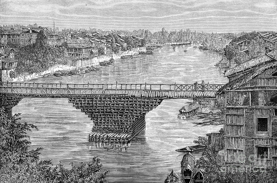 The Srinagar Bridge Over The River Drawing by Print Collector