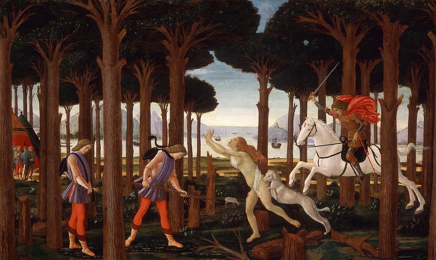 The Story of Nastagio degli Onesti -I-, ca. 1483, Italian School, Panel, 83 cm x 138 cm, P02838. Painting by Sandro Botticelli -1445-1510-