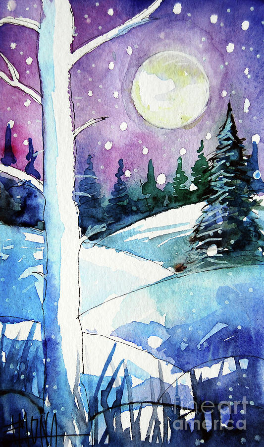 THE STORY OF THE WHITE TREE - Winterscape Watercolor - Mona Edulesco Painting by Mona Edulesco