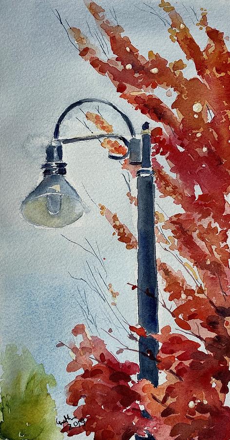 The street lamp in Autumn after first snow Painting by Geeta Yerra