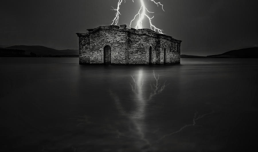 The Submerged Church At Lightning Photograph by Vasil Nanev