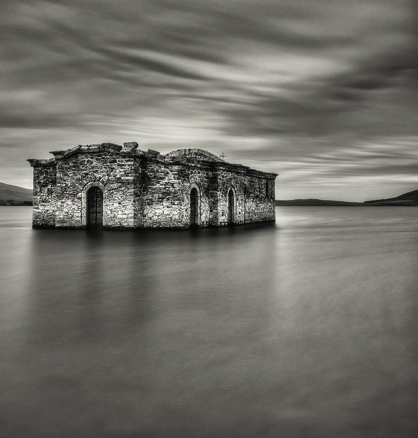The Submerged Church At Sunset In Black And White Photograph by Vasil Nanev