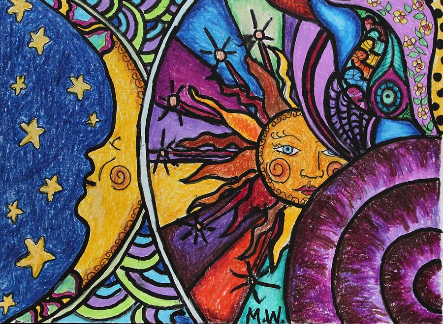 Abstracts Drawing - The sun and the moon by Megan Walsh