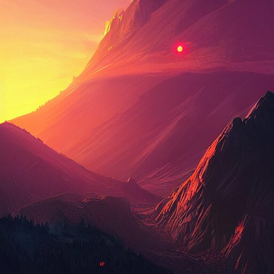 The Sun Is Setting Over A Mountain Digital Art by Stable Diffusion ...