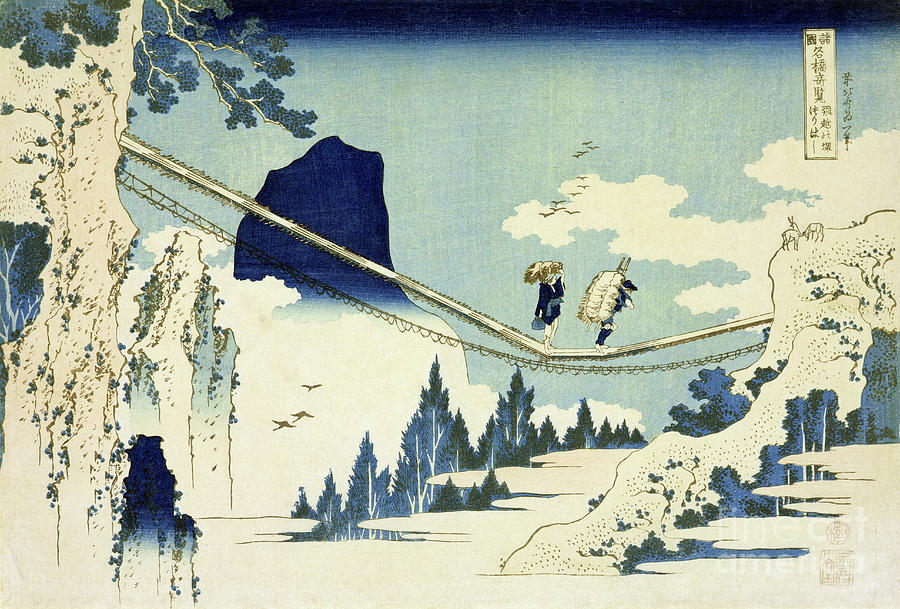 The Suspension Bridge Between Hida And Etchu Woodblock Print Painting by Katsushika Hokusai