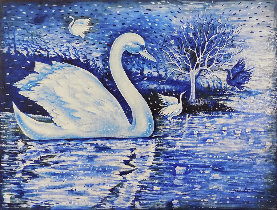 Swan Drawing - The Swan In Blue by Asp Arts