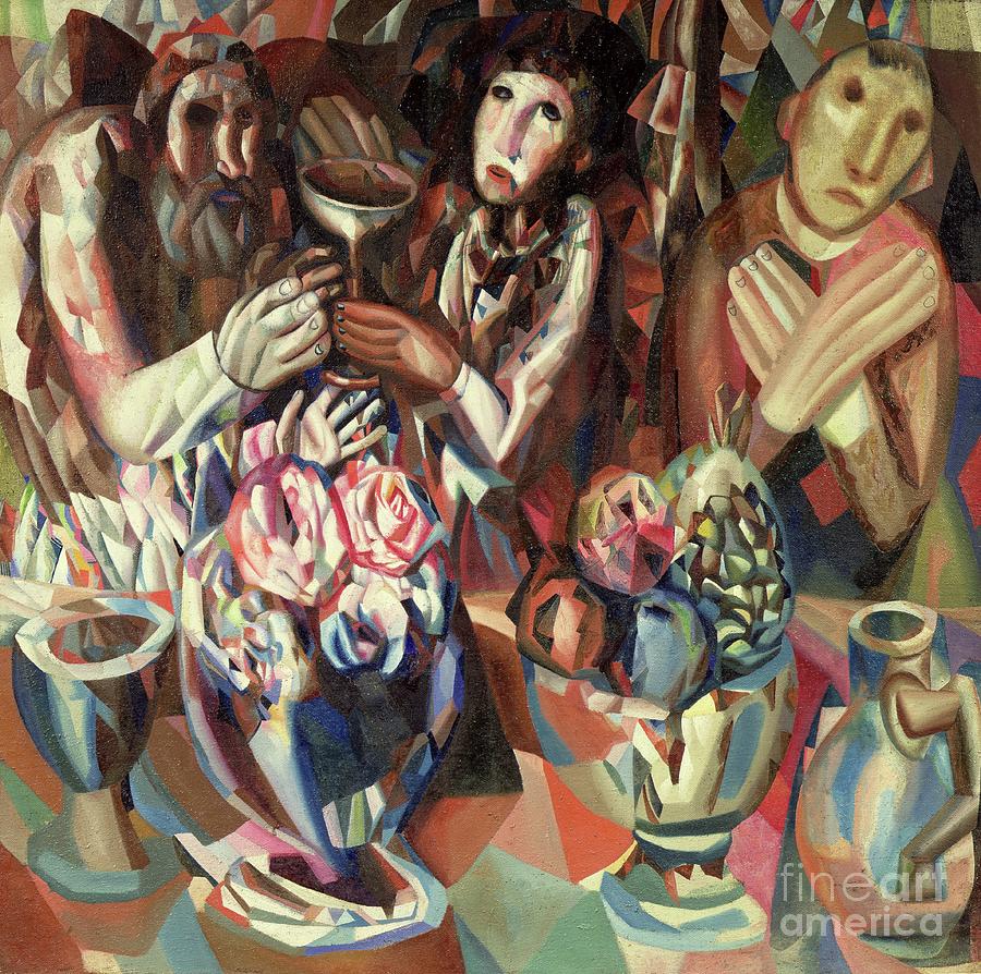 The Three At The Table, 1914-15 Painting by Pavel Nikolaevich Filonov