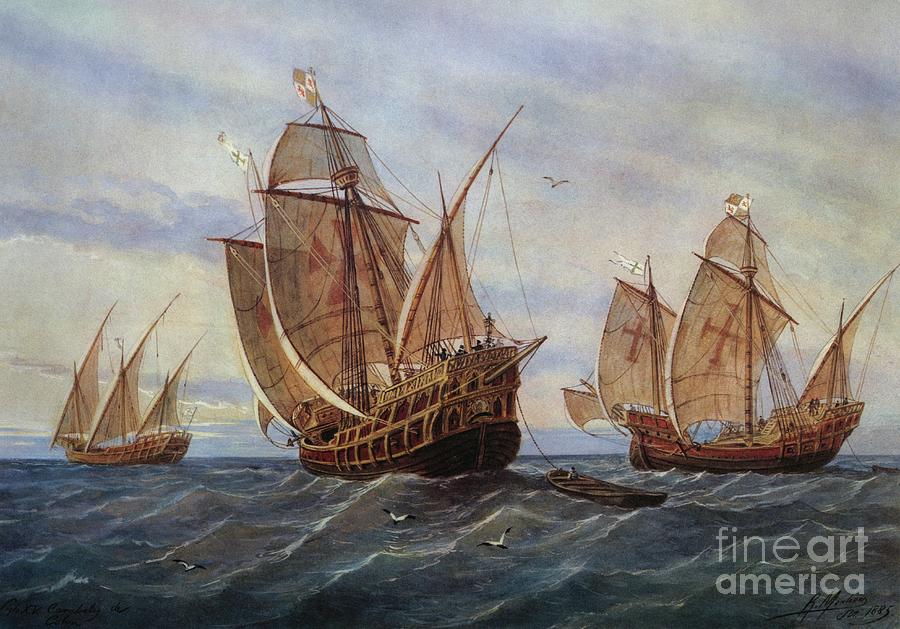 The Three Caravels Of Christopher Columbus Watercolor By Rafael Monleon Y Torres Painting by Rafael Monleon Y Torres