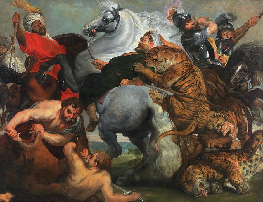 Horse Painting - The Tiger, Lion And Leopard Hunt by Workshop Of Peter Paul Rubens