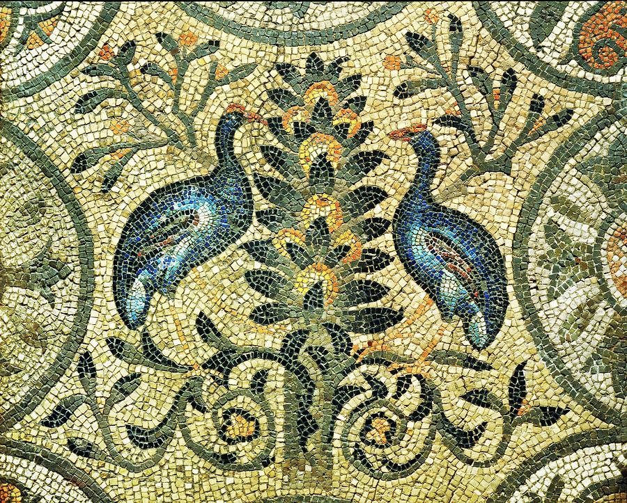 The tree of Life allegory with birds perched on branches mosaic pavement from Basilica Aquileia 4... Painting by Album