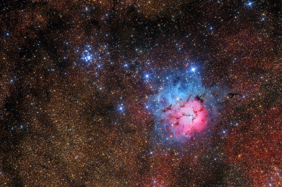 Space Photograph - The Trifid Nebula (m20) And Open Cluster M21 by Michael Kalika