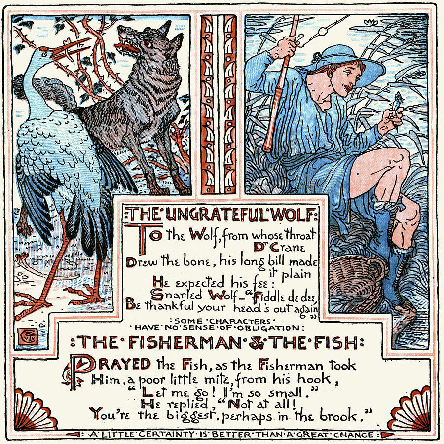 The Ungrateful Wolf-the Fisherman And The Fish Painting By Walter Crane 