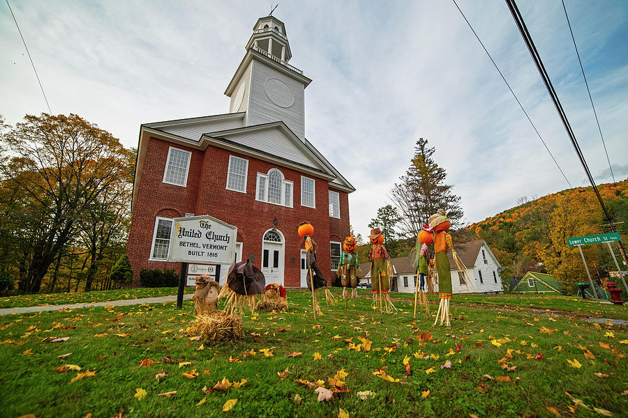 The United Church Halloween Scarecrows Bethel Vermont VT Autumn Fall Colors Photograph by Toby McGuire