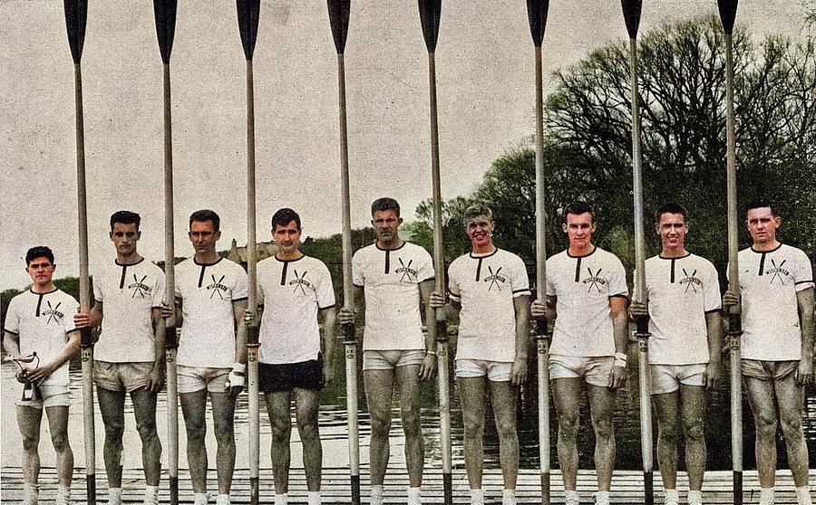 The University of Wisconsin, The 1947 University of Wisconsin rowing crew team posing with their oar Painting by Celestial Images