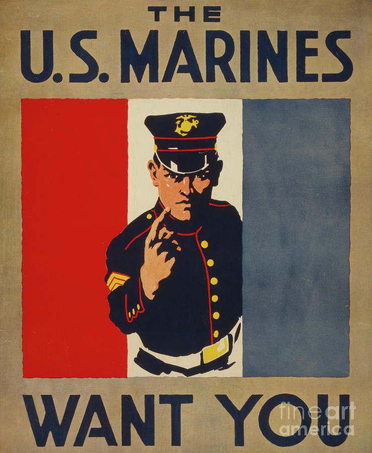 The US Marines want you, 1917  color lithograph Painting by American School