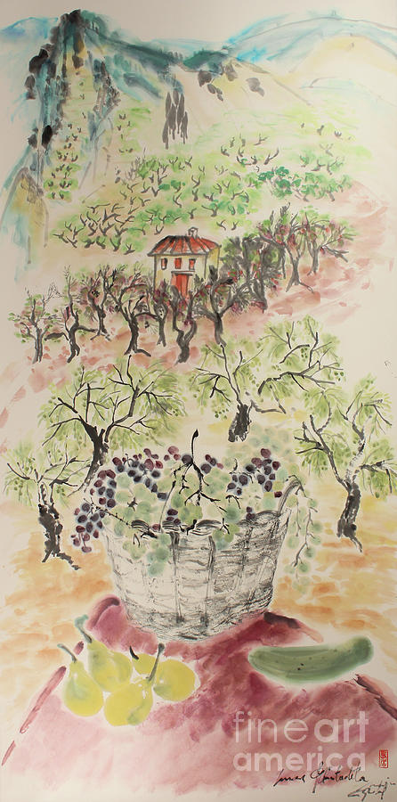The Valley of Innocence and Generosity, The Pristine Vineyards of Mas Plantadeta Painting by Nadja Van Ghelue