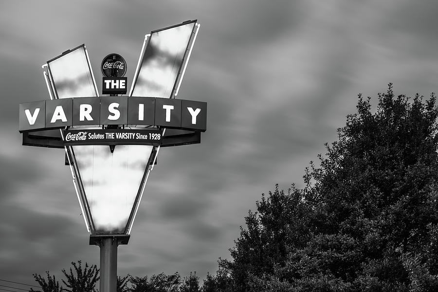 Black And White Photograph - The Varsity Neon at Dusk - Atlanta Georgia Monochrome by Gregory Ballos