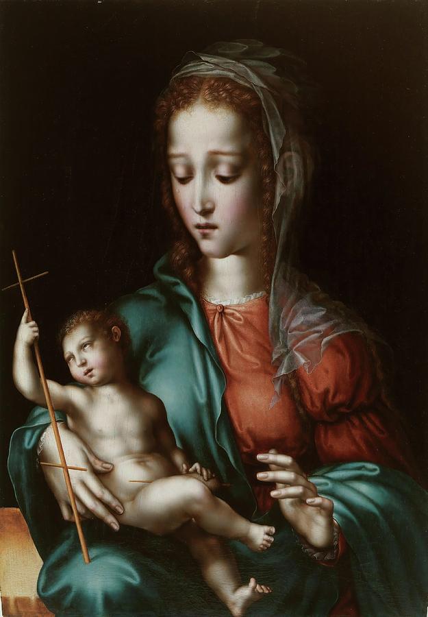 The Virgin and Child with a Spindle. 1566. Oil on panel. Painting by Luis de Morales -1509-1586- The Virgin and Child with a Spindle. 1566. Oil on panel. Painting by Luis de Morales -1509-1586-