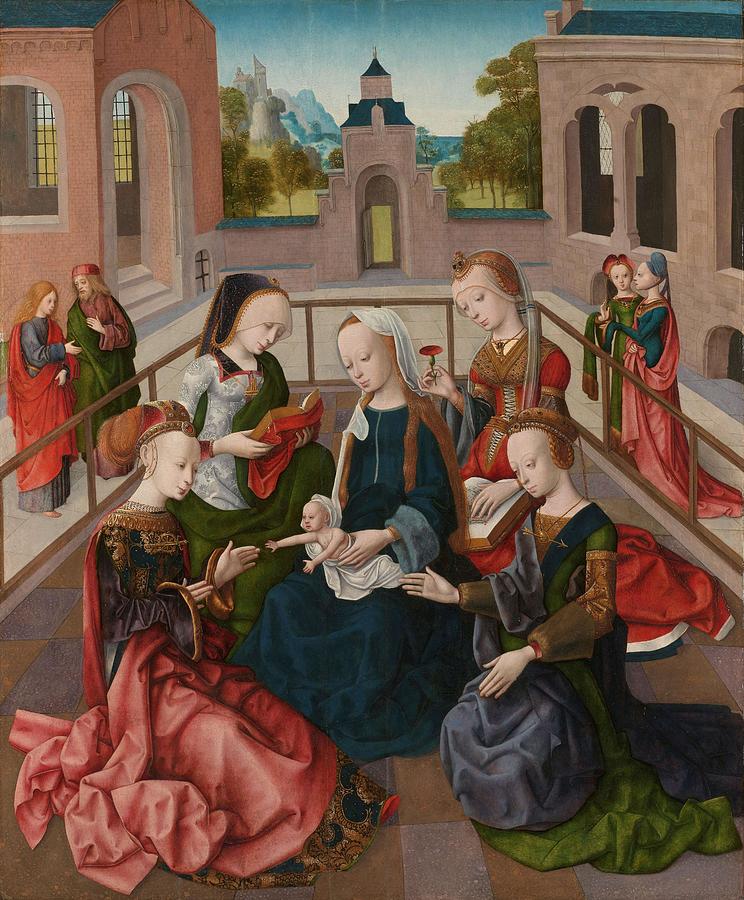 The Virgin and Child with Four Holy Virgins. Maria met kind met de heiligen Catharina, Cecilia, B... Painting by Master of the Virgo inter Virgines -fl c 1483-c 1498-