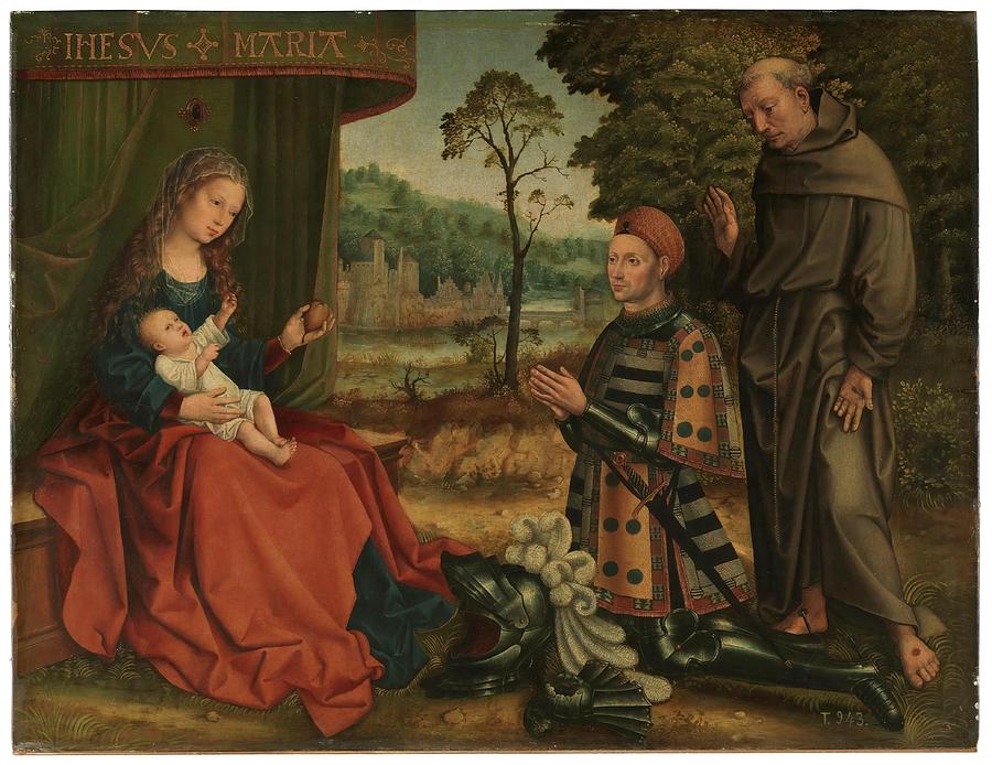 The Virgin and Child with Hernan Gomez Davila y San Francisco. XVI century.... Painting by Bernard van Orley -c 1487-1541-