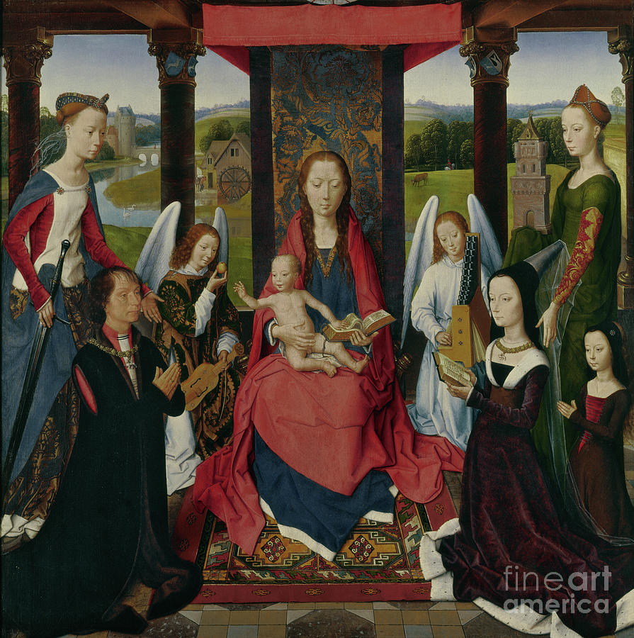 Hans Memling Painting - The Virgin And Child With Saints And Donors, A Panel From the Donne Triptych C.1478 by Hans Memling