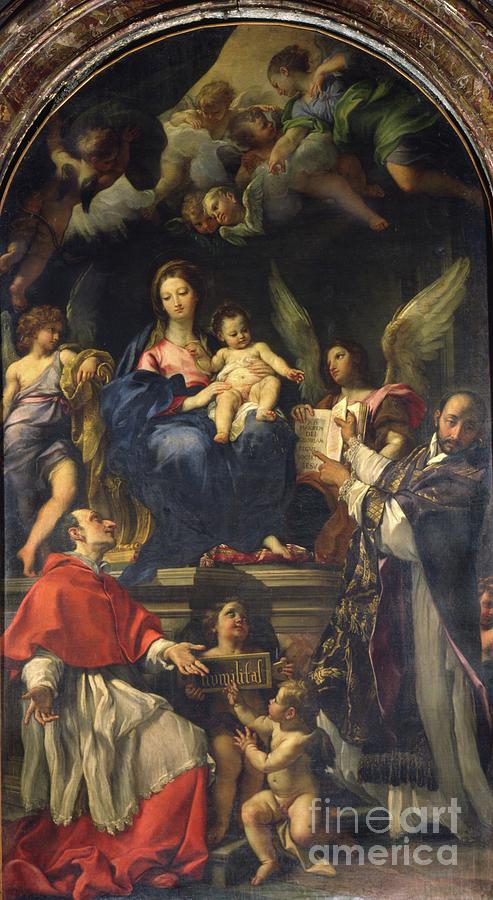 The Virgin Enthroned Between Saints Carlo Borromeo And Ignatius Of Loyola, C.1685 Painting by Carlo Maratti