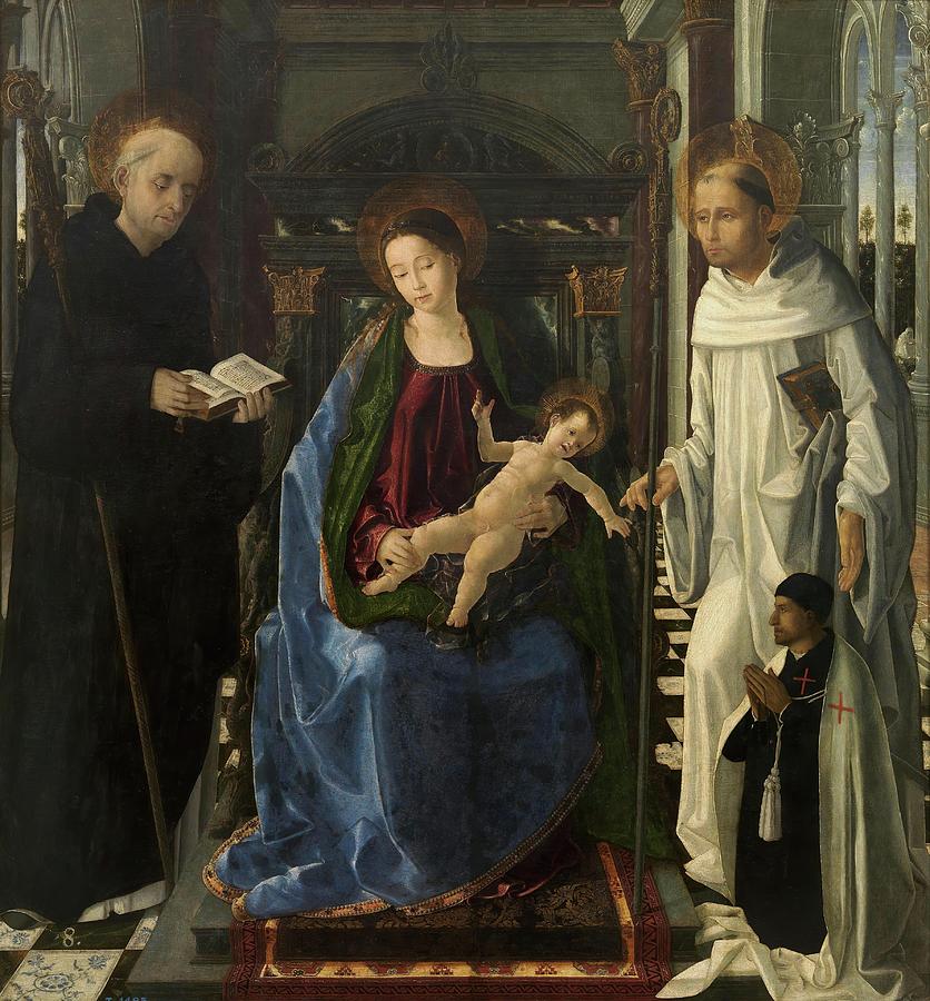 The Virgin with a Knight of Montesa, 1472-1476, Spanish School, Oil on ... Painting by Paolo da San Leocadio -c 1445-c 1520-