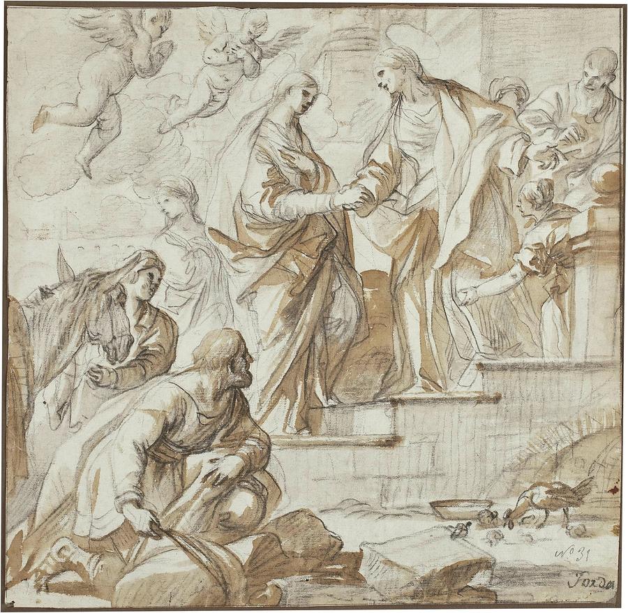 The Visitation. Ca. 1697. Grey-brown wash, Black chalk on white paper. Painting by Luca Giordano -1634-1705-