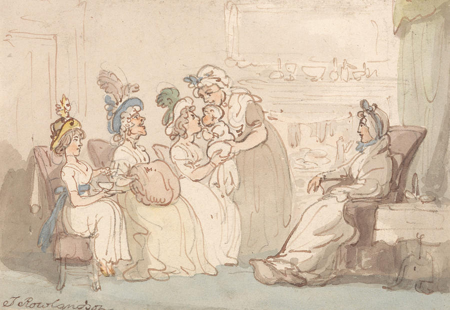 The Visitors Being Shown the Baby Drawing by Thomas Rowlandson