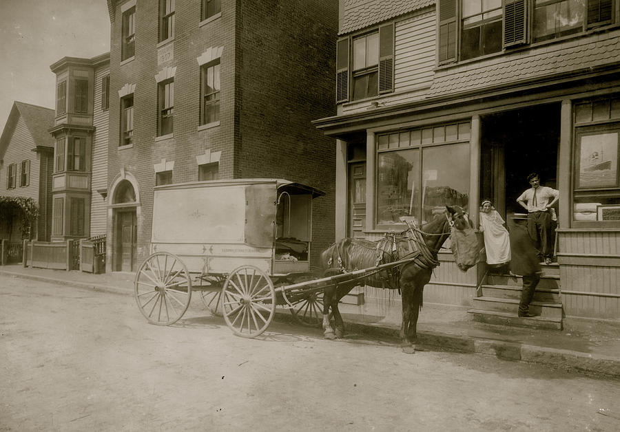 The wagon that delivers Home Work to Somerville, Mass. The owner of the wagon (who is not the driver) is O. H. Brown, 27 Main Street, Reading, Mass. These wagons (about 4 in all) are worked on commission, not owned by factory. Painting by 