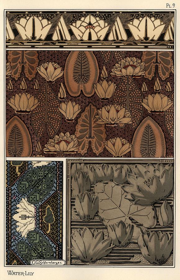 The water lily, Nelumbo lutea, in fabric, cross-stitch tapestry, and relief mold patterns. Lithog... Drawing by Album
