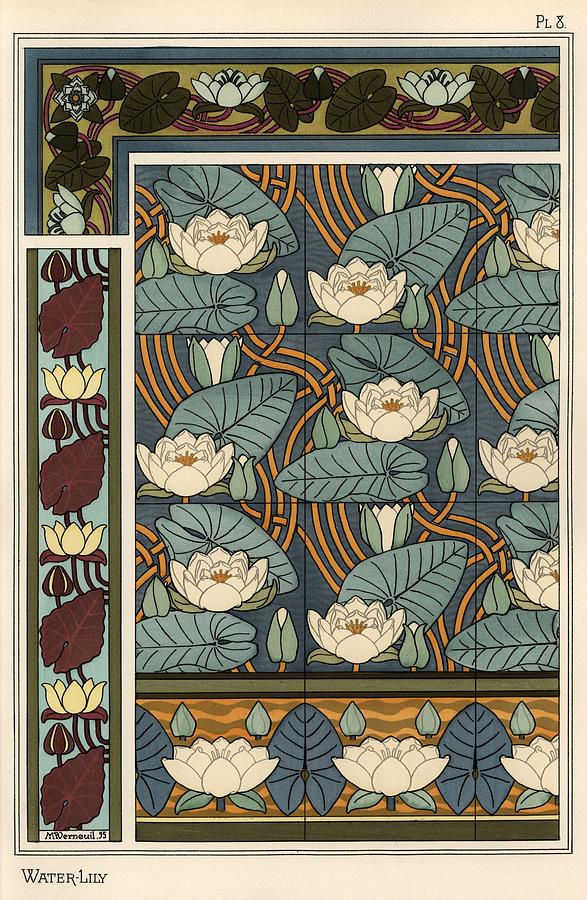 The water lily, Nelumbo lutea, in wallpaper and tile patterns. Lithograph by Verneuil. Drawing by Album