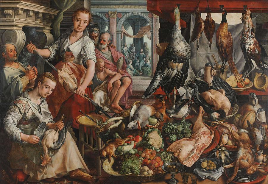 The Well-stocked Kitchen. The Well-stocked Kitchen, with Jesus in het House of Martha and Mary in... Painting by Joachim Bueckelaer