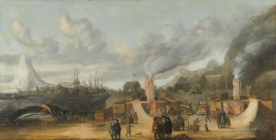 The Whale-oil Refinery near the Village of Smerenburg. A Whale-Oil Factory of the Nordic or Green... Painting by Cornelis de Man