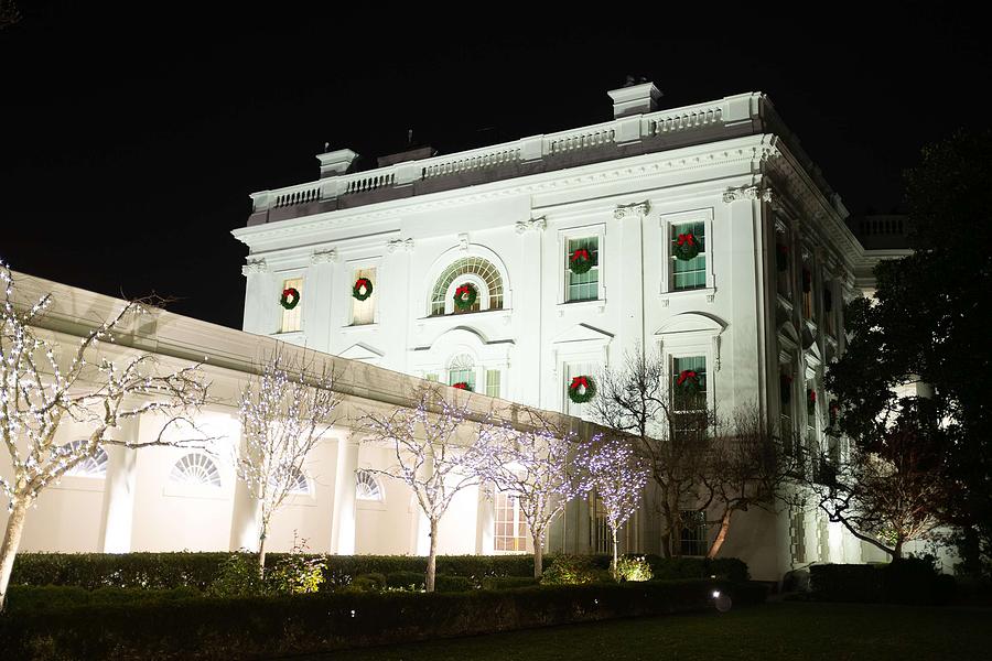 Architecture Painting - The White House at night with Christmas lighting 4 by Celestial Images