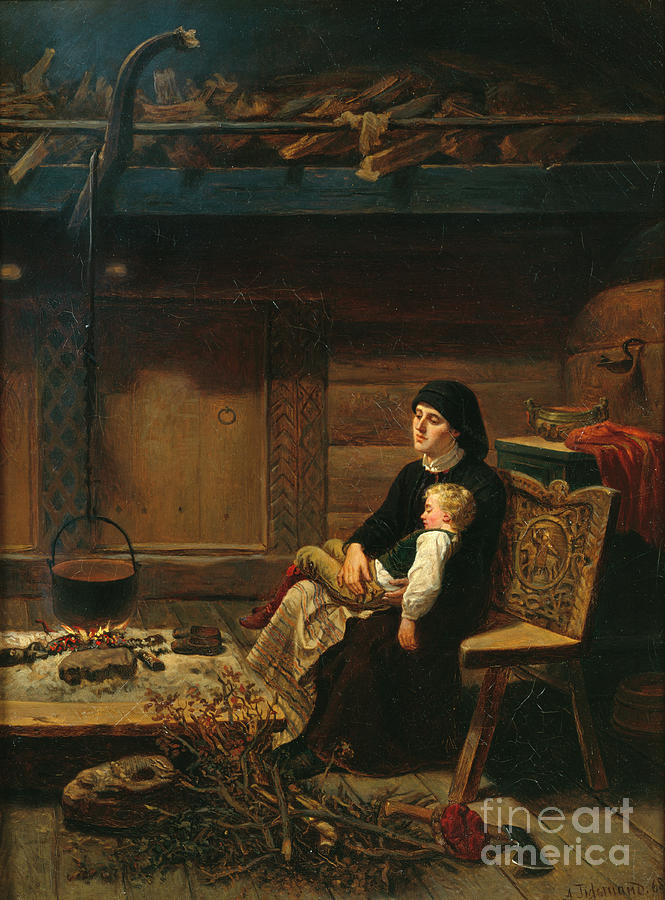 The widow and her son, 1868 Painting by O Vaering by Adolph Tidemand