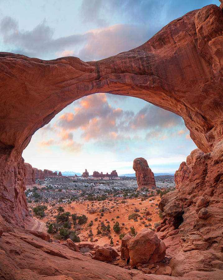 The Windows Section From Double Arch At Sunrise, Arches National Park, Utah Photograph by Tim Fitzharris