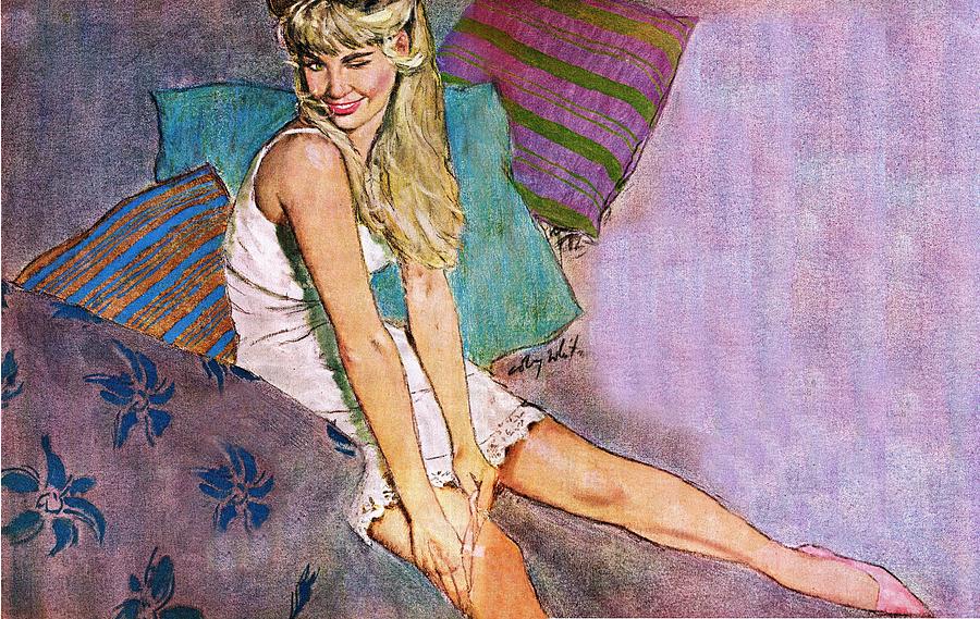 The Winking Lady On Pillows Drawing by Coby Whitmore