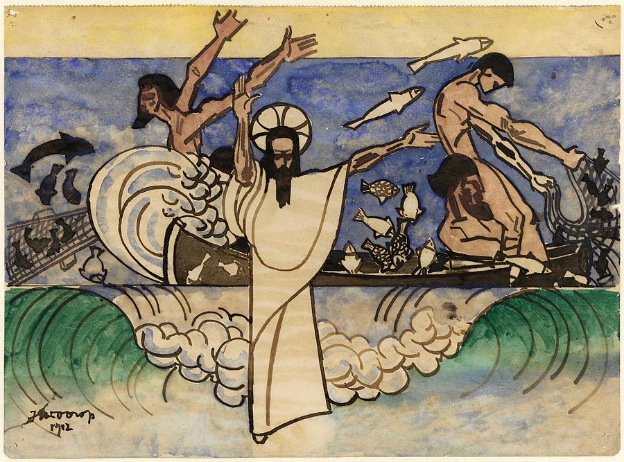 Brush Painting - The wonderful fish catch. by Jan Toorop