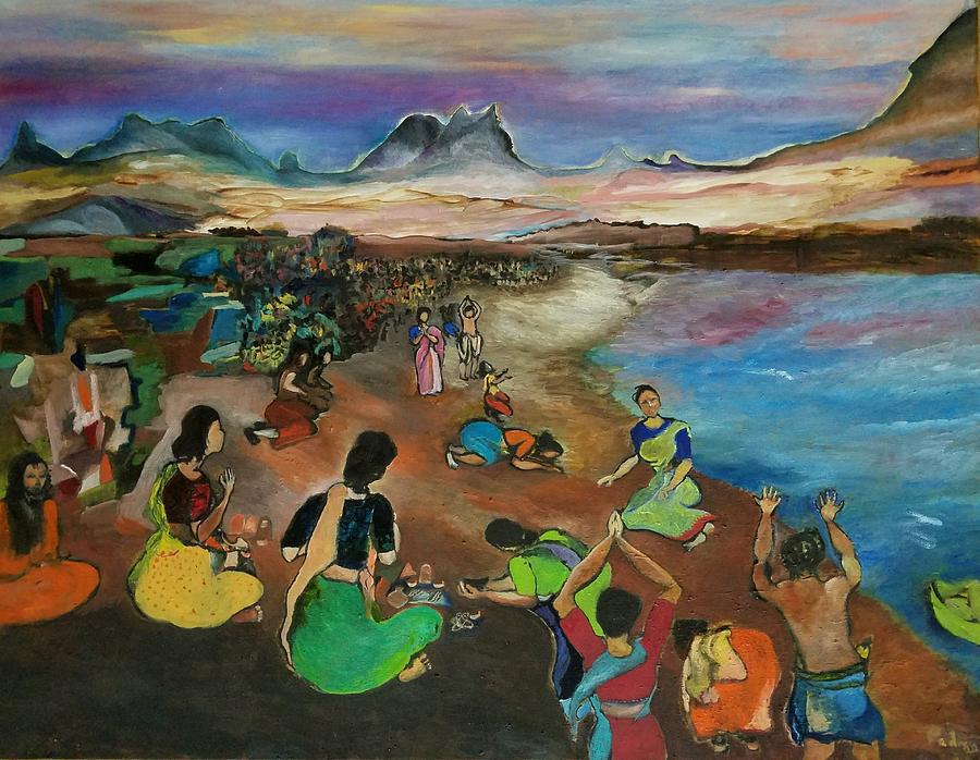 River Painting - The Worshippers by Padma Prasad