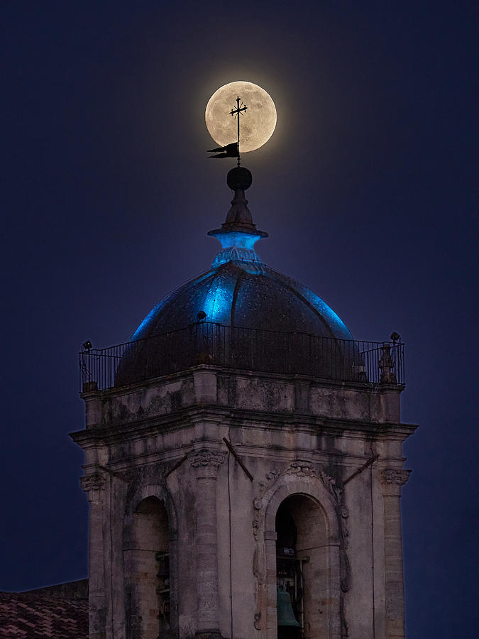 The Yellow Moon Behind The Bells Tower Cross Photograph by Alessandro Mari