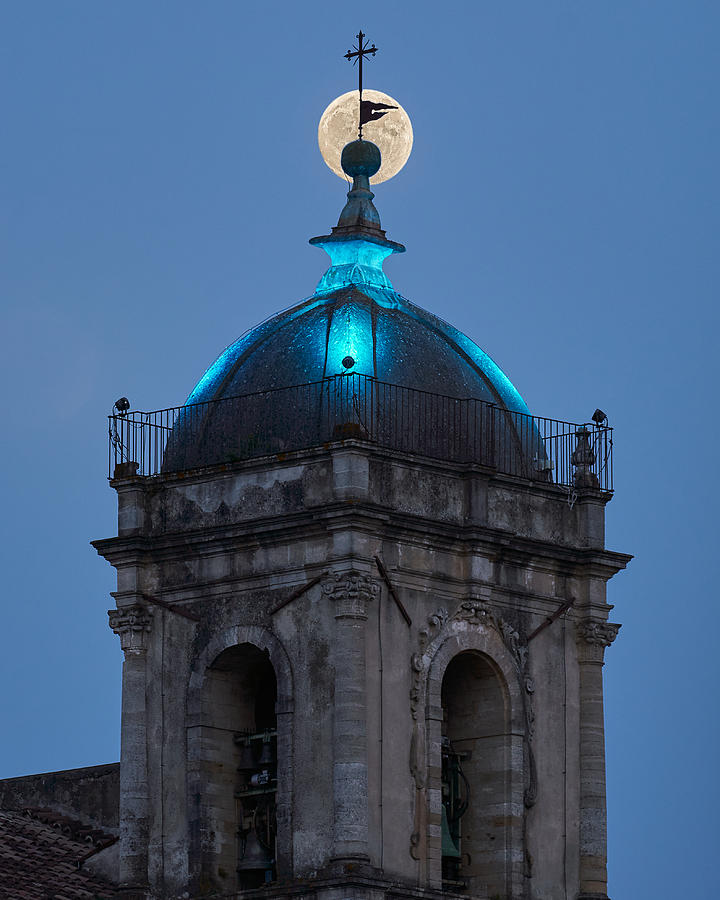 The Yellow Moon Behind The Bells Tower Flag Photograph by Alessandro Mari