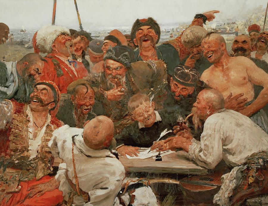 The Zaporozhye cossacks write a mocking letter to the Turkish Sultan. 1880-1881. Painting by Ilya Yefimovitch Repin