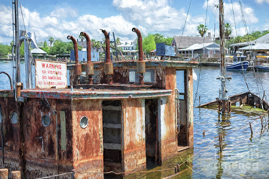 The Villages Photograph - The Sunken Tugboat Fine Art Photography - Digital Painting by Mary Lou Chmura by Mary Lou Chmura