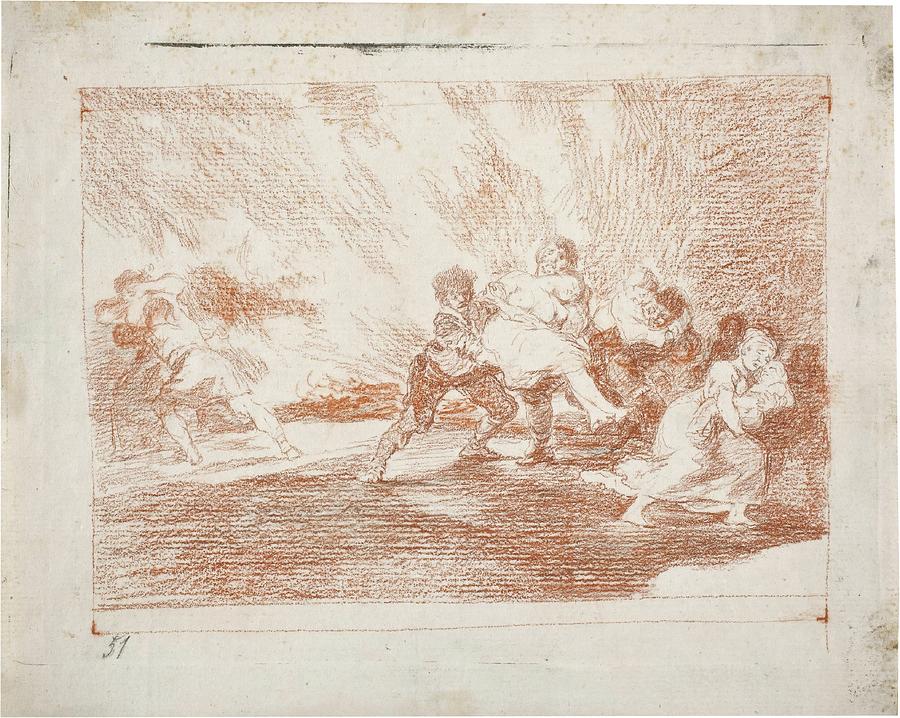 They escape through the flames. 1810 - 1814. Red chalk, Conte c... Painting by Francisco de Goya -1746-1828- They escape through the flames. 1810 - 1814. Red chalk, Conte c... Painting by Francisco de Goya -1746-1828-