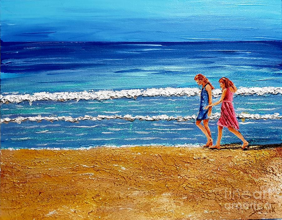They waded out as waves unfurled their salty gifts on them Painting by Eli Gross