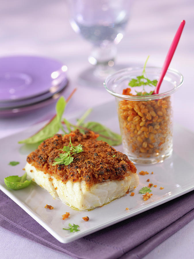Thick Piece Of Fish Coated With Red Pesto, Bulghour Verrine Photograph by Rivire