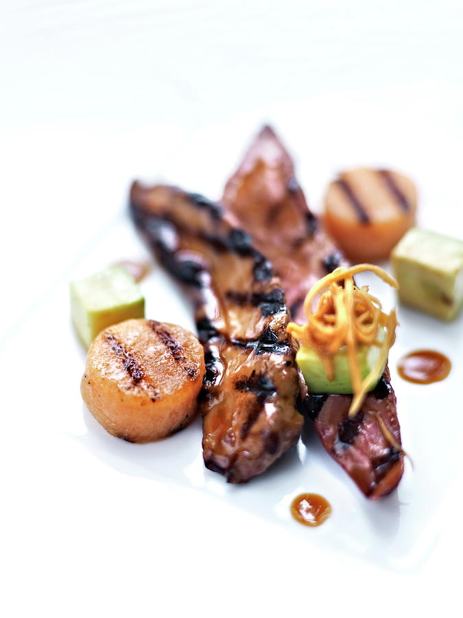 Thinly Sliced Duck, Grilled Melon And Avocado A La Plancha Photograph by Amiel