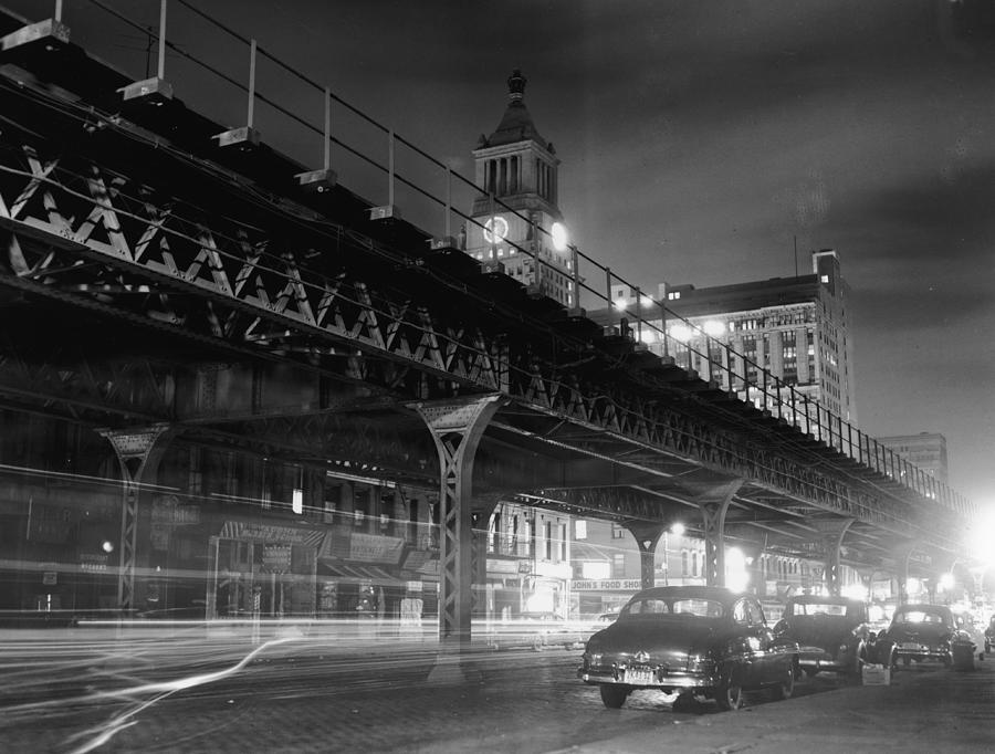 Third Avenue El Train At Night Photograph by Bert Morgan