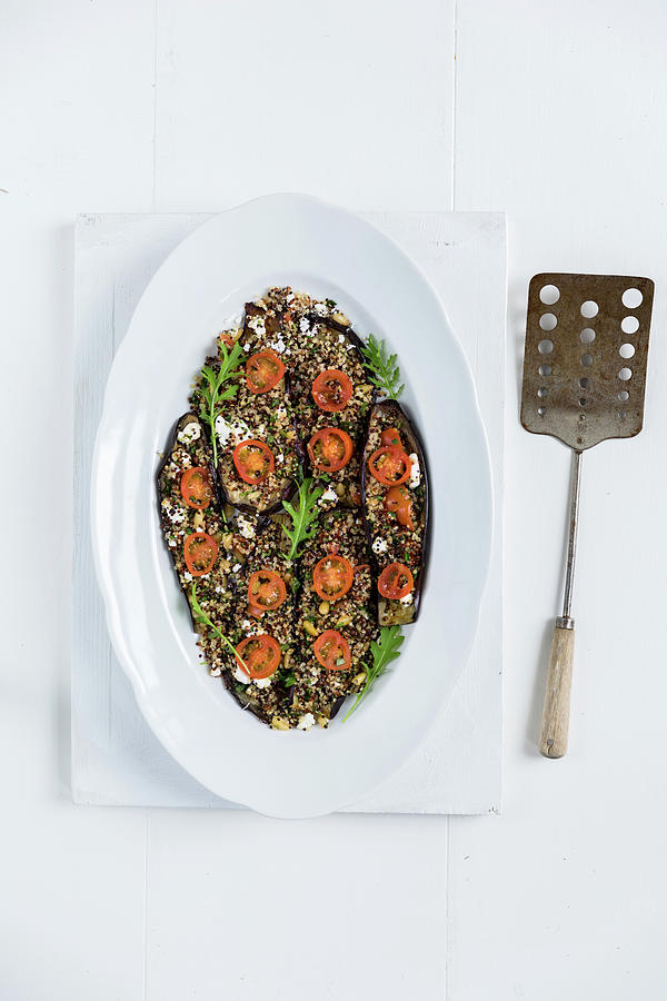 This Is A Baked Aubergine Dish Topped With A Mix Of Quinoa, Fresh Herbs And Feta Cheese gluten Free Photograph by Joan Ransley